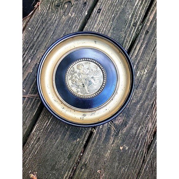 EARLY 1900s Tin Container CHERUB ANGELS Playing VIOLIN & HARP Black Gold Nice - Picture 8 of 16